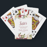 Mistletoe Manor Sister Maid of Honour Personalised Playing Cards<br><div class="desc">Mistletoe Manor Watercolor Lush Winter Roses Design with Hand Painted Florals, Holly Berry Leaves, Pine Sprig Foliage, and Watercolor Paint Brush Strokes. Colourful Marsala, Wine Merlot Red, Burgundy, Ivory Cream, and Green. With Swirly Chic Typography Brush Script Fonts and Elegant Floral Border - Sister Maid of Honour Heartfelt Quote Keepsake...</div>