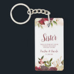 Mistletoe Manor Watercolor To the Sister Quote Key Ring<br><div class="desc">Mistletoe Manor Watercolor Lush Roses Design with Hand Painted Florals, Holly Berry Leaves, Pine Sprig Foliage, and Watercolor Paint Brush Strokes. Colourful Marsala, Wine Merlot Red, Burgundy, Ivory Cream, and Green. With Swirly Chic Typography Brush Script Fonts and Elegant Floral Top Border - Sister Heartfelt Quote Keepsake Keychain! ~ Check...</div>