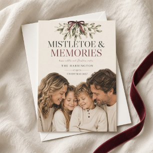 Mistletoe & Memories Burgundy Bow Christmas Photo  Holiday Card