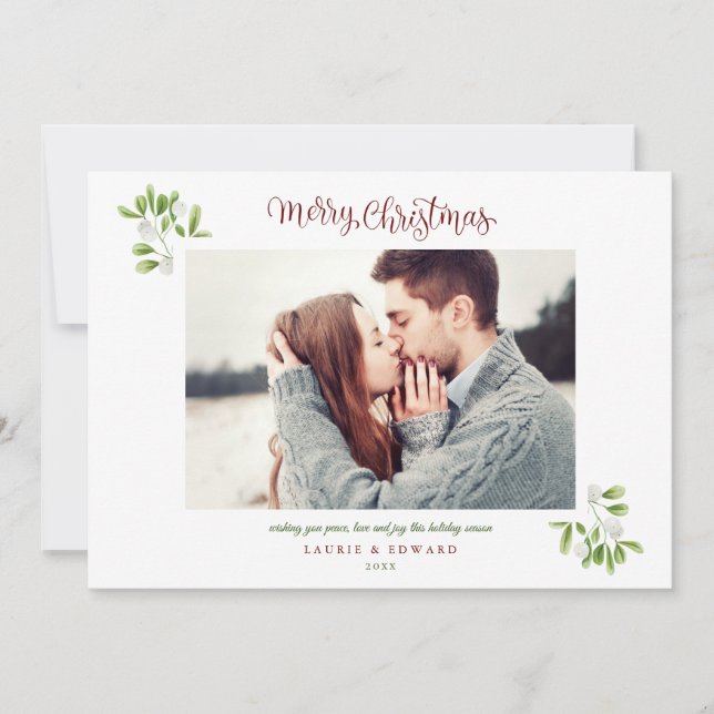 Mistletoe Merry Christmas Couples Photo Holiday Card (Front)