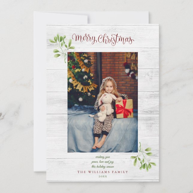 Mistletoe Merry Christmas Rustic Wood Photo Holiday Card (Front)