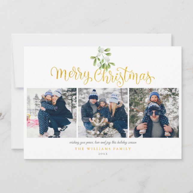 Mistletoe Modern Photo Gold Script Christmas Holiday Card (Front)