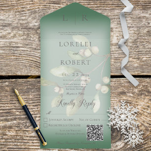 Mistletoe Modern Pine Green QR Code All In One Invitation