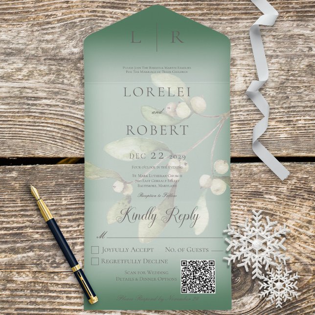 Mistletoe Modern Pine Green QR Code All In One Invitation (Creator Uploaded)