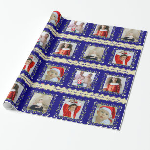Mistletoe partridge stripes blue Christmas photo Wrapping Paper