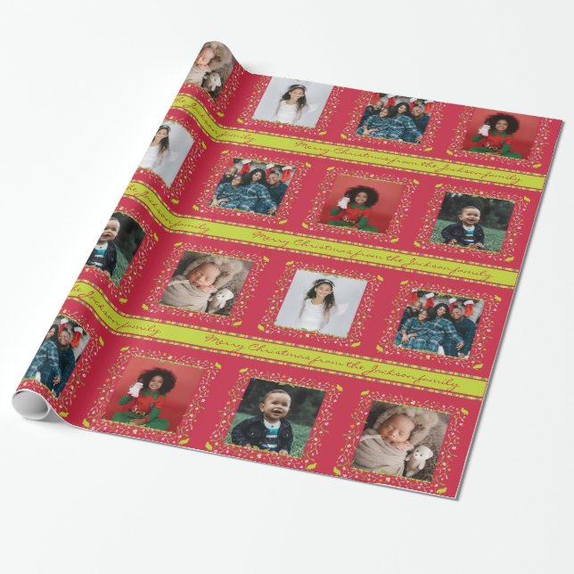 Mistletoe partridge stripes red Christmas photo Wrapping Paper (Unrolled)