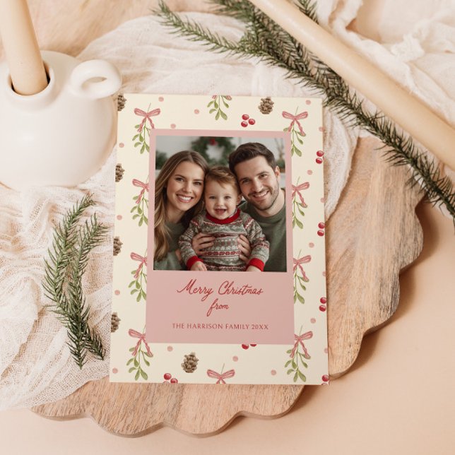 Mistletoe Pinecone Berry Pattern Photo  Holiday Card (Creator Uploaded)