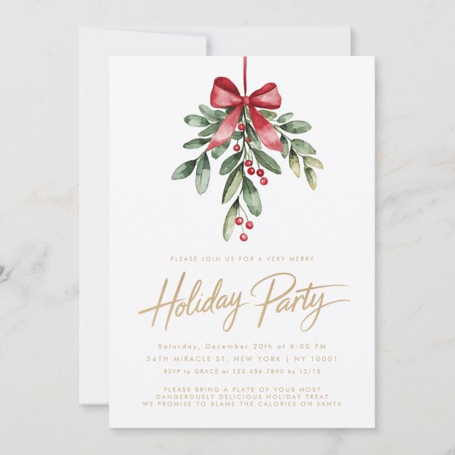 Mistletoe Red Bow Christmas Holiday Party Invites (Front)