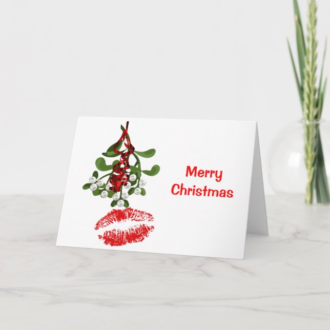 Mistletoe & Red Lipstick Kiss Holiday Card (Front)
