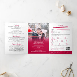 Mistletoe red wedding meal option RSVP QR Code Tri-Fold Invitation