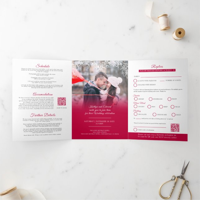 Mistletoe red wedding meal option RSVP QR Code x2 Tri-Fold Invitation (Inside)