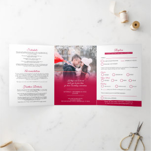 Mistletoe red white wedding meal option RSVP Tri-Fold Invitation