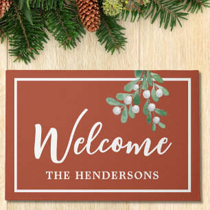 Mistletoe Rust Brown Welcome Christmas Doormat