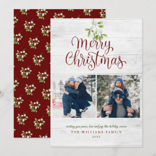 Mistletoe Rustic Wood Merry Christmas 2 Photo Holiday Card
