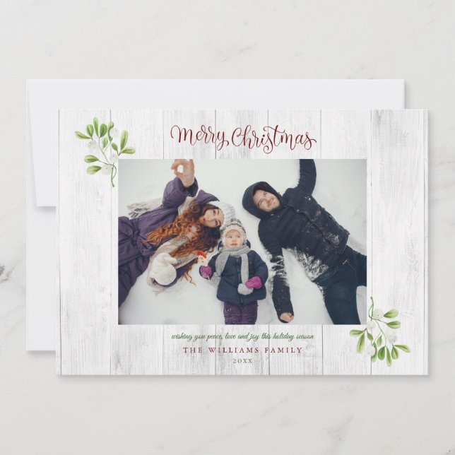Mistletoe Rustic Wood Merry Christmas Photo Holiday Card (Front)