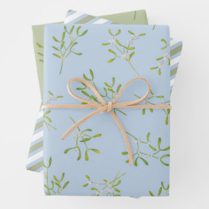 Mistletoe Stripes Blue Green Wrapping Paper Sheet