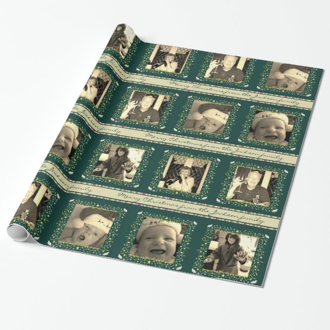 Mistletoe stripes green cream Christmas photos Wrapping Paper (Unrolled)