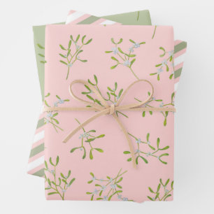 Mistletoe Stripes Rose Green Wrapping Paper Sheet