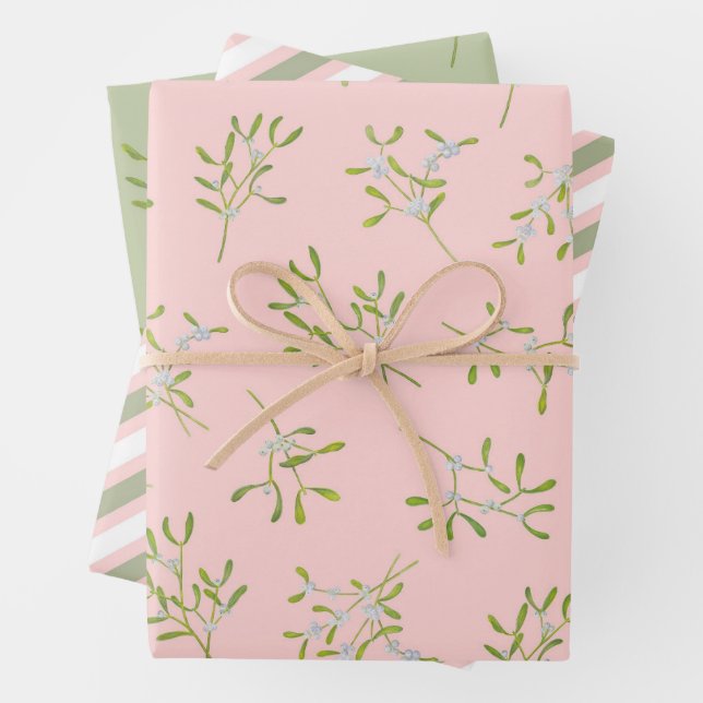 Mistletoe Stripes Rose Green Wrapping Paper Sheet (In situ)