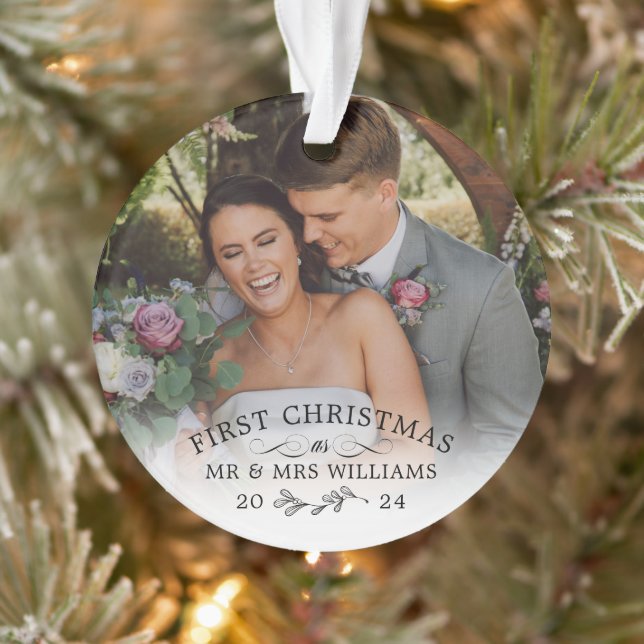 Mistletoe Twig First Christmas Mr & Mrs Photo Ornament (Tree)