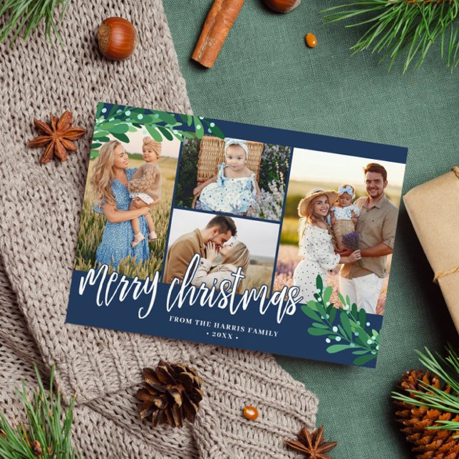 Mistletoe Twigs Navy Photo Collage Merry Christmas Holiday Card (Creator Uploaded)