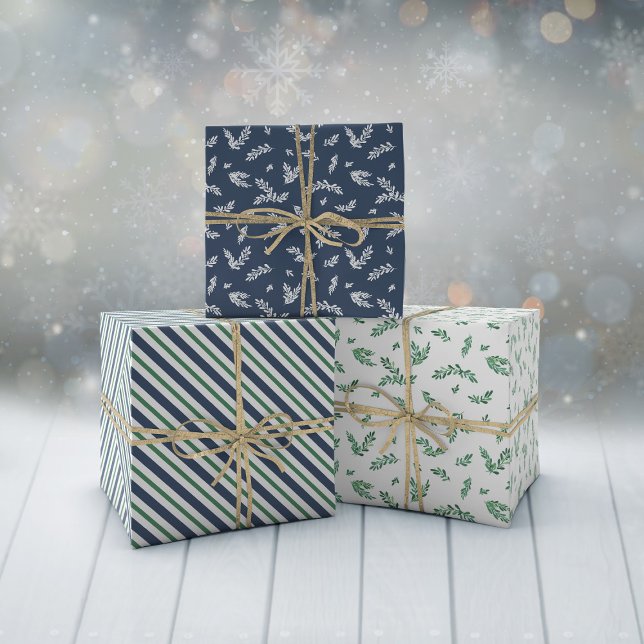 Mistletoe Twigs & Stripes Mixed Christmas Patterns Wrapping Paper Sheet (Creator Uploaded)