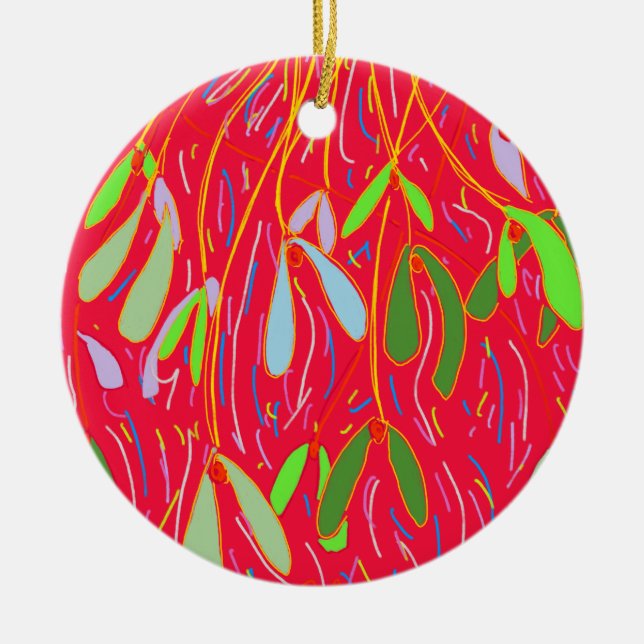 Mistletoe Whimsical, Red Ceramic Tree Decoration (Front)