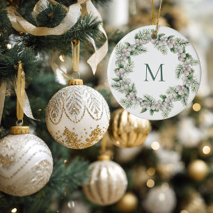 Mistletoe White Berry Monogrammed Wreath Christmas Ceramic Tree Decoration