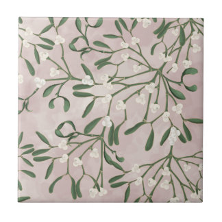 Mistletoe with Soft Pink Watercolor Wash Tile