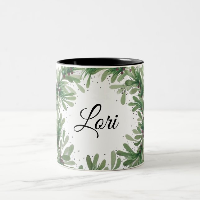 Mistletoe wreath monogram template Two-Tone coffee Mug (Center)