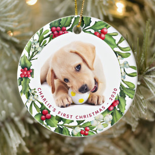 Mistletoe Wreath Personalised Dog Photo Christmas  Ceramic Tree Decoration