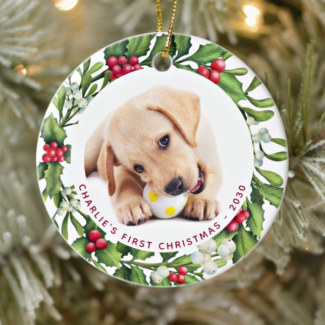 Mistletoe Wreath Personalised Dog Photo Christmas  Ceramic Tree Decoration (Creator Uploaded)