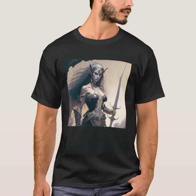 Mistress of the Shadows Female Dark Elf Warrior T-Shirt (Front)