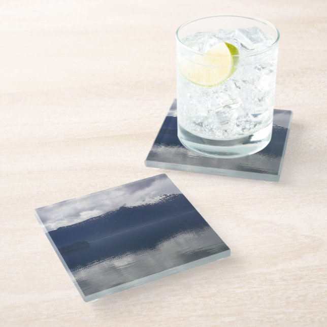 Misty Alaskan Sea in Shades of Blue Glass Coaster (Angled)
