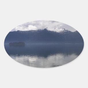 Misty Alaskan Sea in Shades of Blue Oval Sticker