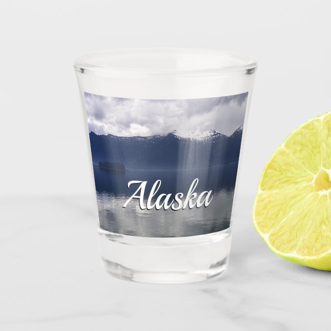 Misty Alaskan Sea in Shades of Blue Shot Glass (Front)