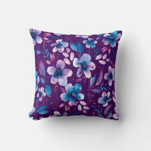 Misty Blue and Magenta Floral on Violet Artistic Cushion