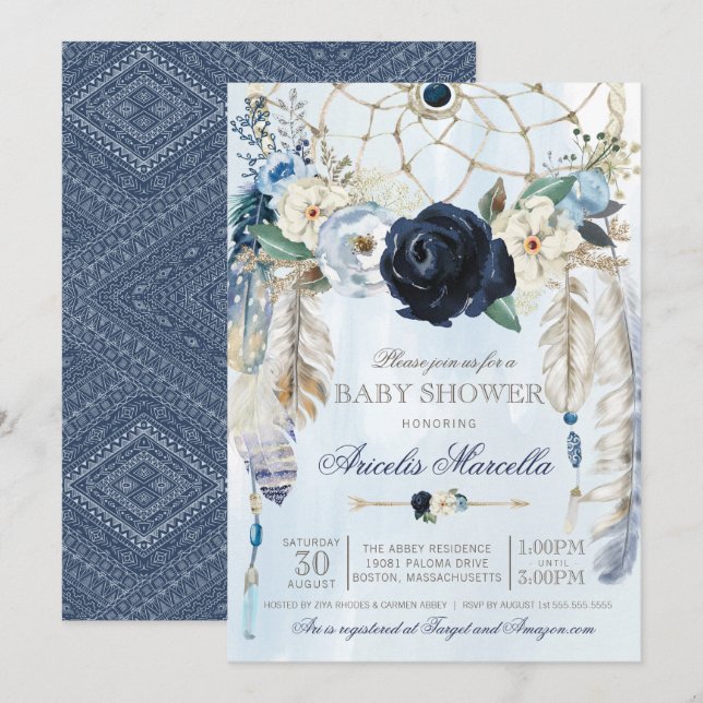 Misty Blue  Boho Dream Catcher Baby Shower Invitation (Front/Back)