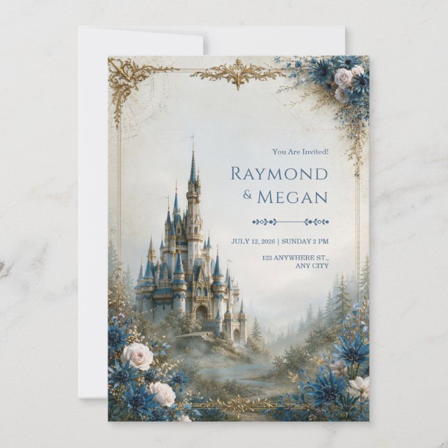 Misty Blue Castle Wedding Invitation (Front)