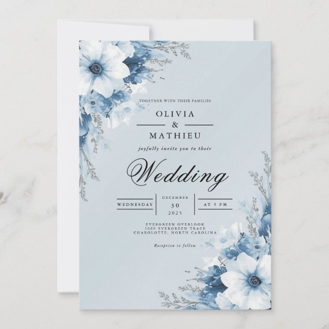 Misty Blue Floral Archway Wedding Invitation (Front)
