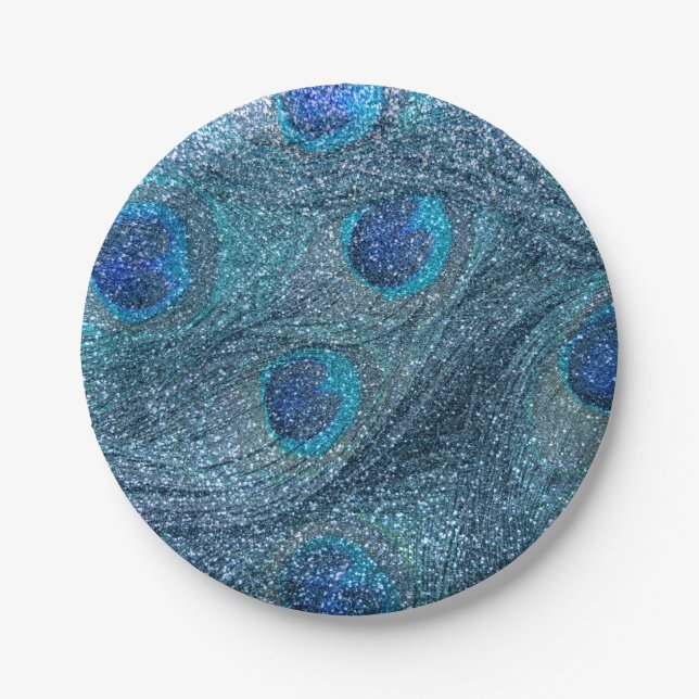 misty blue glitter peacock feathers paper plate (Front)