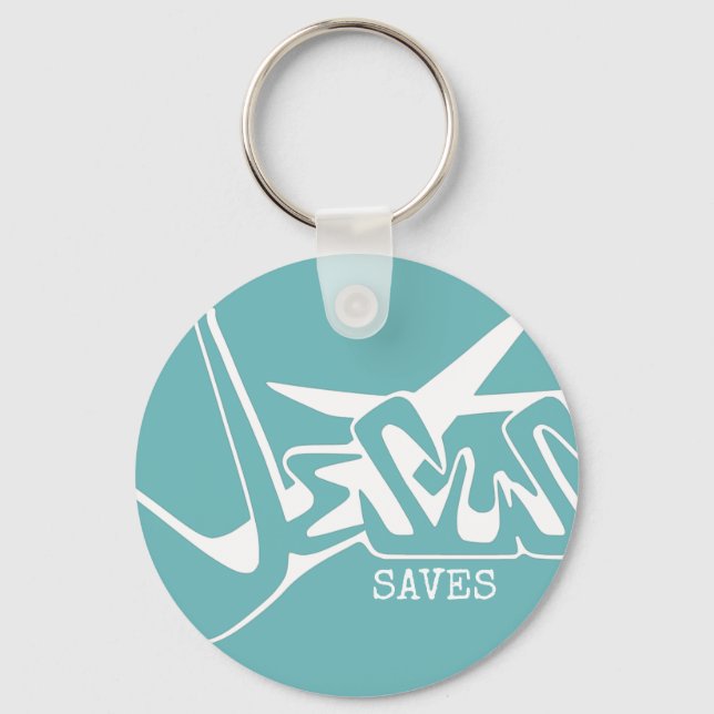 Misty Blue Graffiti Jesus Saves Key Ring (Front)