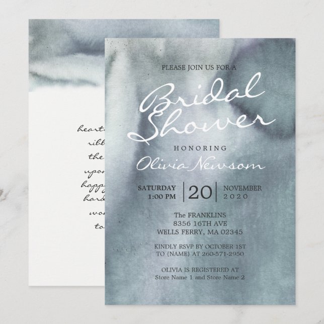 Misty Blue Grey Ocean Watercolor Bridal Shower Invitation (Front/Back)