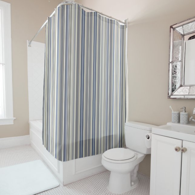 Misty Blue Grey Stripes Shower Curtain (In Situ)