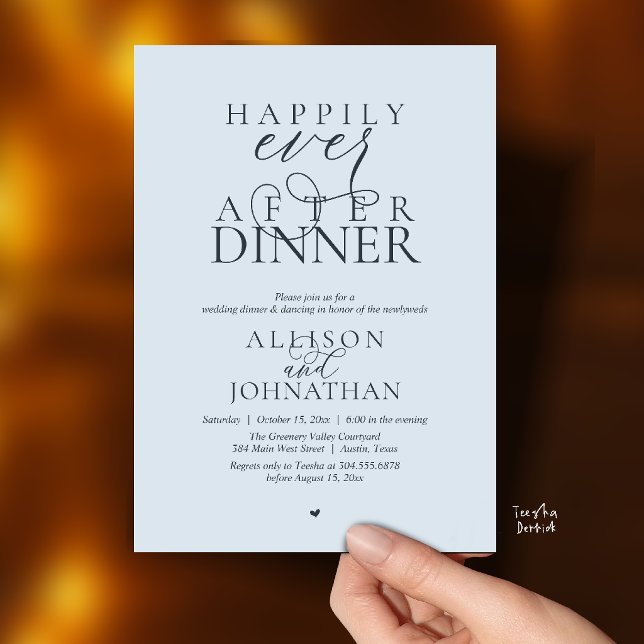 Misty Blue Happily Ever After Dinner Wedding Invitation (Happily Ever After Dinner Modern Script Wedding Invitation Card in Misty Blue)