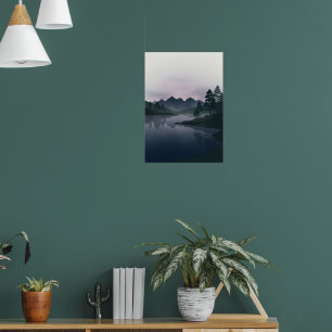 Misty Blue Mountain Lake Pine Forest Landscape Poster
