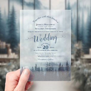Misty Blue Mountain Pines Calligraphy Wedding Acrylic Invitations