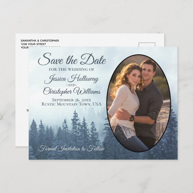 Misty Blue Mountains Oval Photo Save The Date Announcement Postcard (Front/Back)