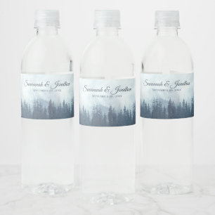 Misty Blue Mountains & Pine Forest Rustic Wedding Water Bottle Label