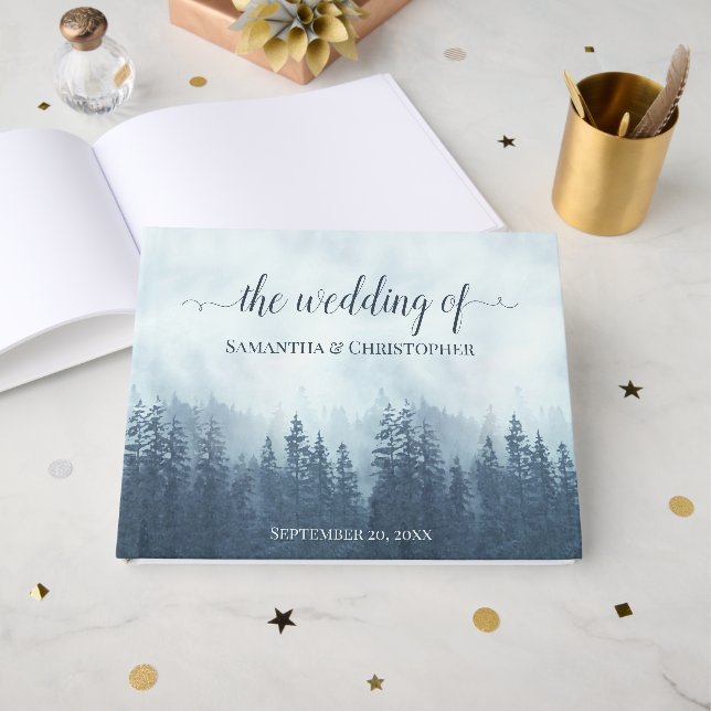 Misty Blue Mountains & Pines Rustic Wedding Guest Book (Front Open)